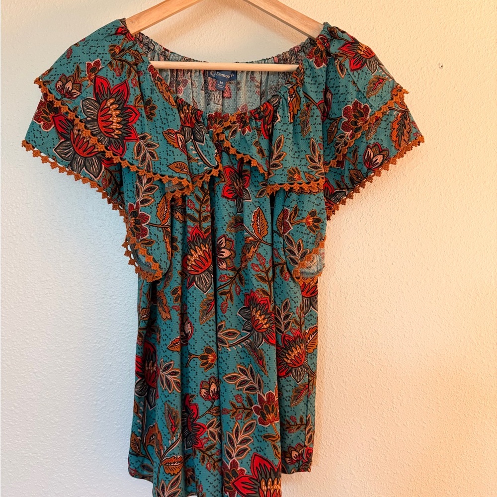 Democracy Teal and Orange Floral Blouse